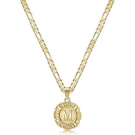 Bild von Großhandel Großbuchstaben Nachricht " M " Anhänger Halskette, 18K Vergoldet Messing Figaro Kette, Frauen Einfach Retro Geschenk Schmuck für Einzelhändler, 51cm + 5cm lang, 1 Strang