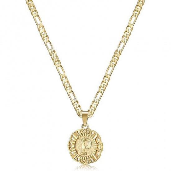 Bild von Großhandel Großbuchstaben Nachricht " P " Anhänger Halskette, 18K Vergoldet Messing Figaro Kette, Frauen Einfach Retro Geschenk Schmuck für Einzelhändler, 51cm + 5cm lang, 1 Strang