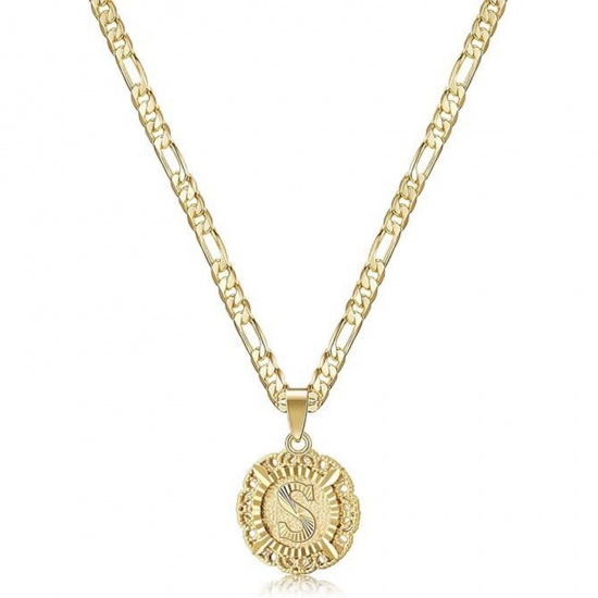 Bild von Großhandel Großbuchstaben Nachricht " S " Anhänger Halskette, 18K Vergoldet Messing Figaro Kette, Frauen Einfach Retro Geschenk Schmuck für Einzelhändler, 51cm + 5cm lang, 1 Strang