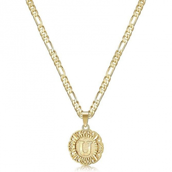 Bild von Großhandel Großbuchstaben Nachricht " U " Anhänger Halskette, 18K Vergoldet Messing Figaro Kette, Frauen Einfach Retro Geschenk Schmuck für Einzelhändler, 51cm + 5cm lang, 1 Strang