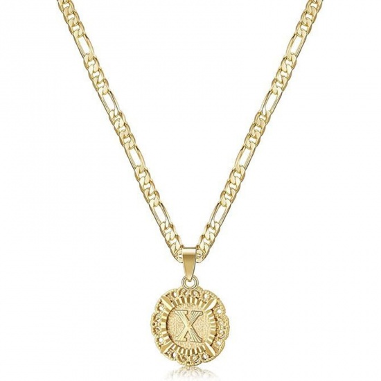 Bild von Großhandel Großbuchstaben Nachricht " X " Anhänger Halskette, 18K Vergoldet Messing Figaro Kette, Frauen Einfach Retro Geschenk Schmuck für Einzelhändler, 51cm + 5cm lang, 1 Strang