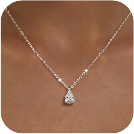 Imagen de Gota Claro Circón Artificial Collar con Colgante Al Por Mayor, Argentado Latón Mujeres Sencillo Elegante Regalo Joyería Para Minorista, 42cm + 5cm longitud, 1 Unidad