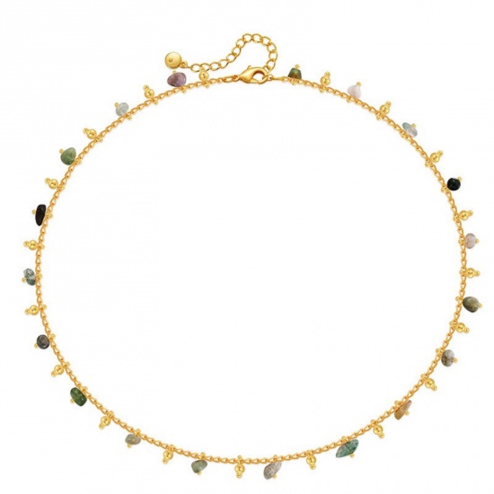 Immagine di Scheggia di Perle Verde Pietra Naturale Collana della Stazione All'Ingrosso, Placcato Oro 18K Ottone Donne Stile Bohemien Stile Etnico Regalo Gioielli Per Rivenditore, 39cm + 6cm Lunghezza, 1 Pz