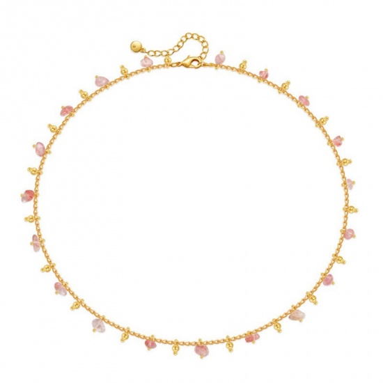 Immagine di Scheggia di Perle Rosa Pietra Naturale Collana della Stazione All'Ingrosso, Placcato Oro 18K Ottone Donne Stile Bohemien Stile Etnico Regalo Gioielli Per Rivenditore, 39cm + 6cm Lunghezza, 1 Pz