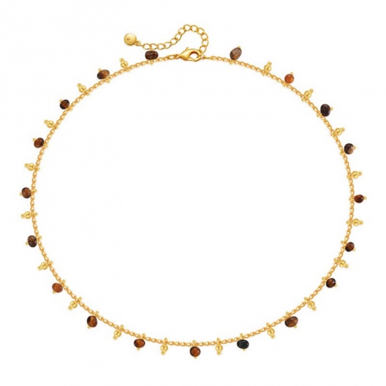 Immagine di Scheggia di Perle Marrone Pietra Naturale Collana della Stazione All'Ingrosso, Placcato Oro 18K Ottone Donne Stile Bohemien Stile Etnico Regalo Gioielli Per Rivenditore, 39cm + 6cm Lunghezza, 1 Pz