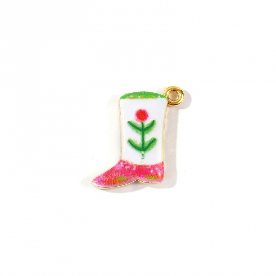Imagen de 2 Unidades Respetuoso del Medio Ambiente Latón Vaquero del Oeste Colgantes Al Por Mayor 18K Oro Real Chapado Multicolor Bota Flor Impreso 19mm x 18mm