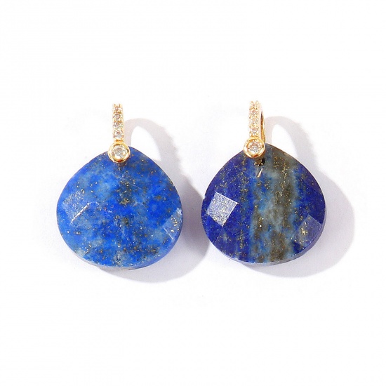 Imagen de 1 Unidad Latón & Gema Colgantes Al Por Mayor Chapado en Oro de 18K Azul Oscuro Gota Sección 22mm x 16mm