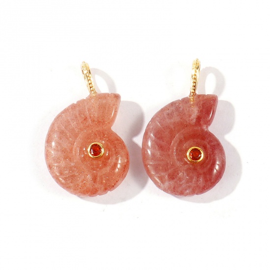 Bild von 1 Stück Messing und Edelstein Ozean Schmuck Charms Großhandel 18K Vergoldet Rosa Strandschnecke Braun Kubischer Zirkon 26mm x 21mm