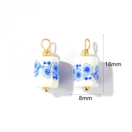 Imagen de 10 Unidades Respetuoso del Medio Ambiente Cerámica & Latón Tabicado Colgantes Al Por Mayor 18K Oro Real Chapado Blanco & Azul Cilíndrico Flor 18mm x 8mm