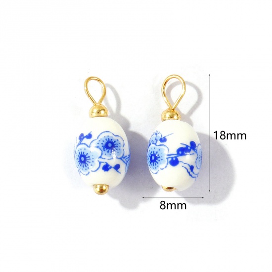 Imagen de 10 Unidades Respetuoso del Medio Ambiente Cerámica & Latón Tabicado Colgantes Al Por Mayor 18K Oro Real Chapado Blanco & Azul Óvalo Flor 18mm x 8mm