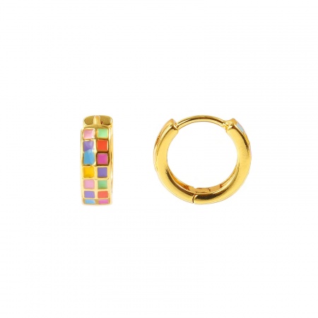 Imagen de Lindo Elegante Aros De Aro Abrazador Al Por Mayor, Ronda Multicolor Esmalte 18K Oro Real Chapado Latón, Mujeres Respetuoso del Medio Ambiente Regalo Suministro de Joyería, 13.5mm Dia., Tamaño del Poste/Cable: 0.9mm(19 gauge), 1 Par