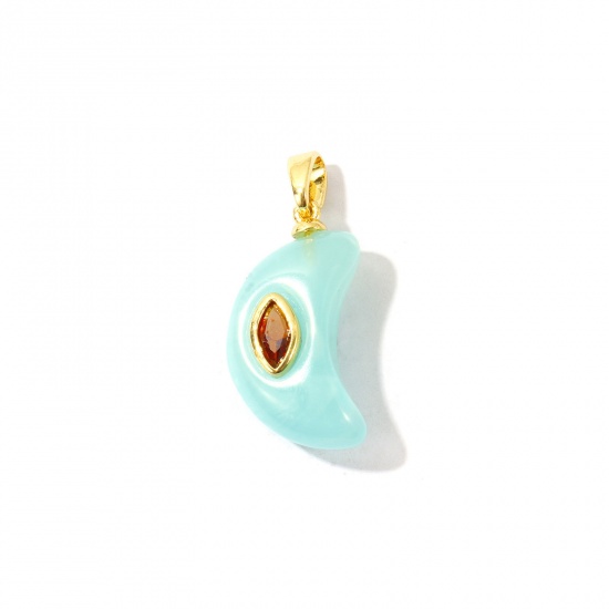 Bild von 2 Stück Messing und Harz Galaxis Charm-Anhänger Großhandel 18K Vergoldet Cyan Halbmond Bernsteingelb Kubischer Zirkon 26mm x 11mm
