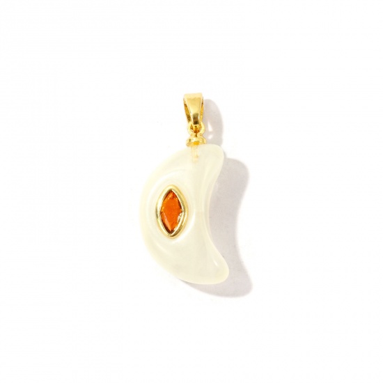 Bild von 2 Stück Messing und Harz Galaxis Charm-Anhänger Großhandel 18K Vergoldet Beige Halbmond Bernsteingelb Kubischer Zirkon 26mm x 11mm
