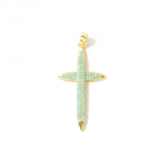 Bild von 2 Stück Messing Religiös Anhänger Großhandel 18K Echtgold plattiert Kreuz Micro Pave Blau Kubischer Zirkon 4.4cm x 2.1cm