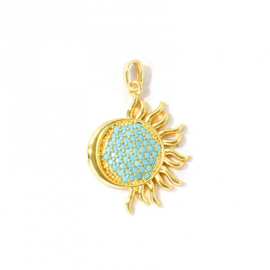 Bild von 2 Stück Messing Galaxis Anhänger Großhandel 18K Echtgold plattiert Sonne Micro Pave Blau Kubischer Zirkon 3.1cm x 2cm