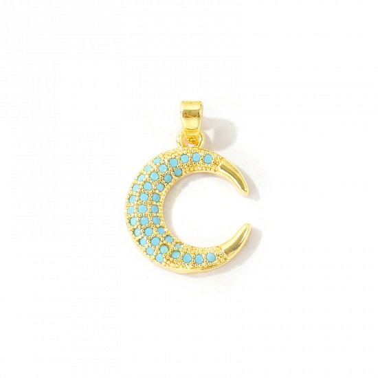 Bild von 2 Stück Messing Galaxis Charm-Anhänger Großhandel 18K Echtgold plattiert Halbmond Micro Pave Blau Kubischer Zirkon 22mm x 14mm