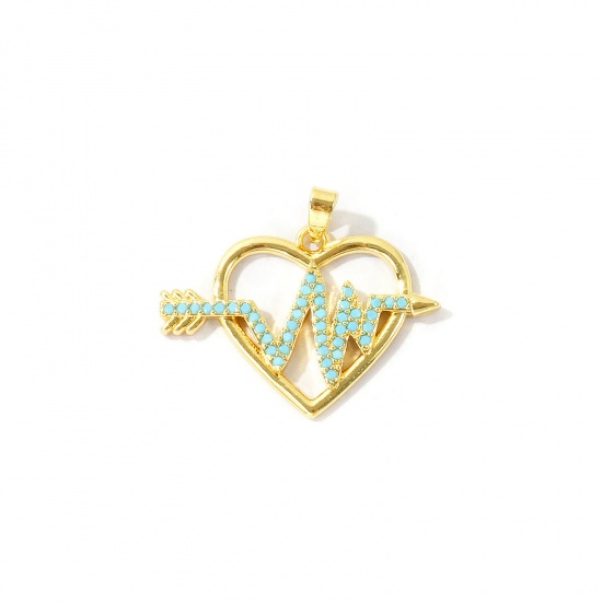 Bild von 2 Stück Messing Valentinstag Charm-Anhänger Großhandel 18K Echtgold plattiert Amors Pfeil Micro Pave Blau Kubischer Zirkon 26mm x 23mm