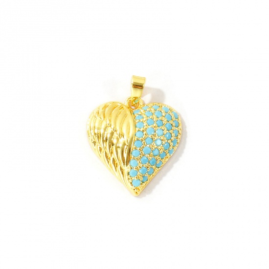 Bild von 2 Stück Messing Valentinstag Charm-Anhänger Großhandel 18K Echtgold plattiert Herz Micro Pave Blau Kubischer Zirkon 23mm x 17mm