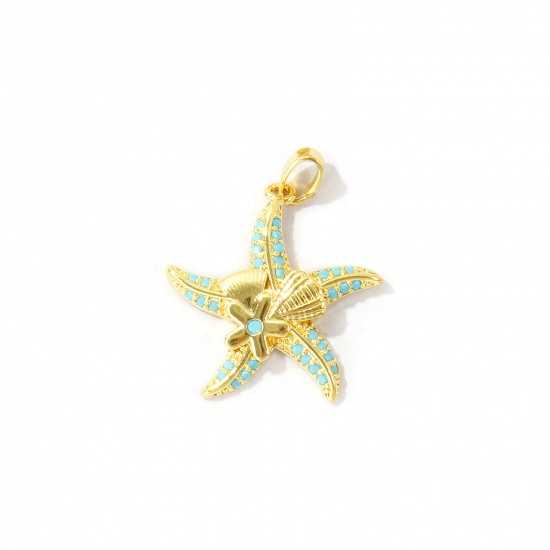 Bild von 2 Stück Messing Ozean Schmuck Charm-Anhänger Großhandel 18K Echtgold plattiert Seesterne Micro Pave Blau Kubischer Zirkon 27mm x 22mm