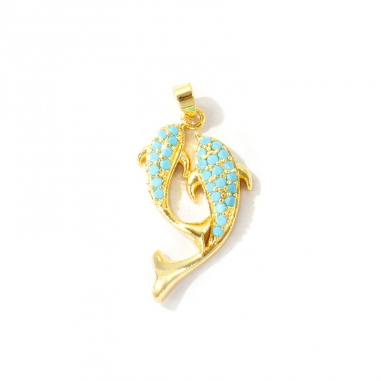 Bild von 2 Stück Messing Ozean Schmuck Anhänger Großhandel 18K Echtgold plattiert Fisch Micro Pave Blau Kubischer Zirkon 3.1cm x 1.6cm