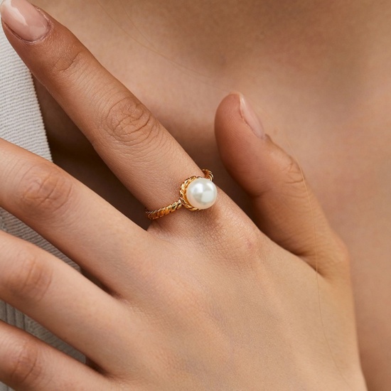 Picture of Wholesale Women's Gift Imitation Pearl Open Adjustable Rings, 18K Gold Plated Brass, Stylish Dainty Jewelry Supply, 17.3mm(US Size 7), 1 Piece