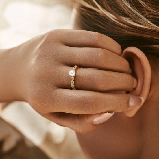 Picture of Wholesale Women's Gift Imitation Pearl Open Adjustable Rings, 18K Gold Plated Brass, Stylish Dainty Jewelry Supply, 17.3mm(US Size 7), 1 Piece