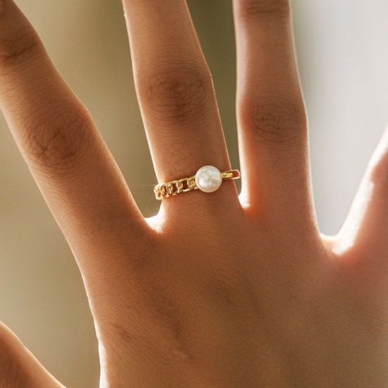 Picture of Wholesale Women's Gift Imitation Pearl Open Adjustable Rings, 18K Gold Plated Brass, Stylish Dainty Jewelry Supply, 17.3mm(US Size 7), 1 Piece