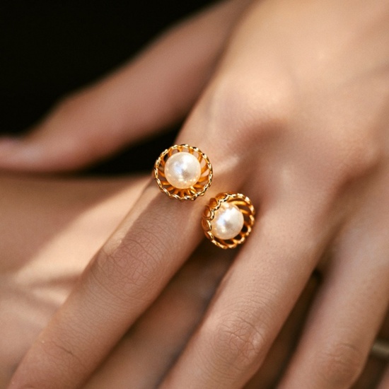 Picture of Wholesale Women's Gift Imitation Pearl Open Adjustable Rings, 18K Gold Plated Brass, Stylish Dainty Jewelry Supply, 17.3mm(US Size 7), 1 Piece