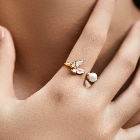 Picture of Wholesale Women's Gift Imitation Pearl Open Adjustable Rings, 18K Gold Plated Brass, Stylish Dainty Jewelry Supply, 17.3mm(US Size 7), 1 Piece