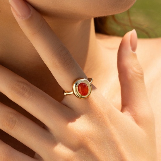 Bild von Großhandel Frauen Geschenk Rot Offen Verstellbar Ring, 18K Vergoldet Edelstein & Messing, Stilvoll Elegant Schmuckbedarf, 17.3mm（US Größe:7), 1 Stück