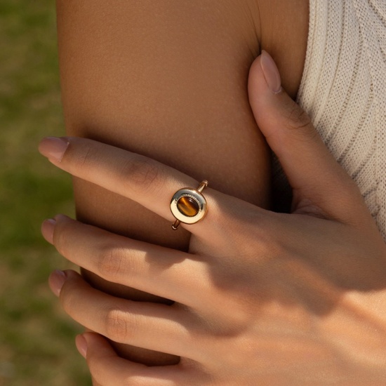Bild von Großhandel Frauen Geschenk Braun Offen Verstellbar Ring, 18K Vergoldet Edelstein & Messing, Stilvoll Elegant Schmuckbedarf, 17.3mm（US Größe:7), 1 Stück