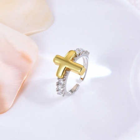 Picture of Wholesale Women's Gift Cross Two Tone Open Adjustable Rings, 18K Gold Plated & Platinum Plated Brass, Religious Stylish Jewelry Supply, 17.1mm(US size 6.75), 1 Piece