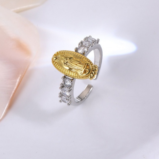 Picture of Wholesale Women's Gift Virgin Mary Two Tone Open Adjustable Rings, 18K Gold Plated & Platinum Plated Brass, Religious Stylish Jewelry Supply, 17.1mm(US size 6.75), 1 Piece