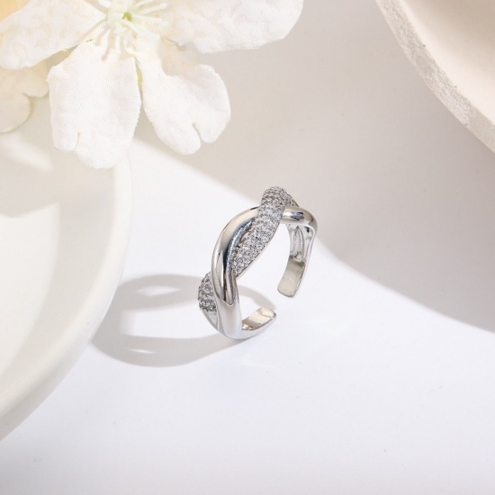 Bild von Großhandel Frauen Geschenk Welle Klar Kubisches Zirkonia Offen Verstellbar Ring, Platin Plattiert Messing, Elegant Stilvoll Schmuckbedarf, 18.1mm（US Größe:8), 1 Stück