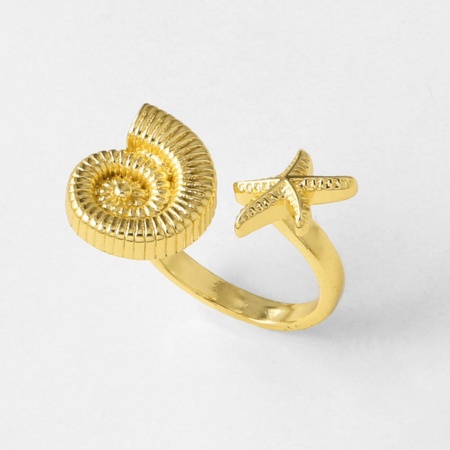 Picture of Wholesale Women's Gift Conch/ Sea Snail Star Open Adjustable Rings, 18K Gold Plated Brass, Stylish Bohemia Boho Jewelry Supply, 17.1mm(US size 6.75), 1 Piece