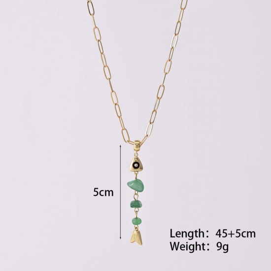 Picture of Wholesale Fish Bone Green Natural Jade Pendant Charm Necklace, 18K Gold Plated Brass Paperclip Link Chain, Women's Boho Chic Bohemia Stylish Gift Jewelry For Retailer, 45cm(17.7") + 5cm(2") long, 1 Piece