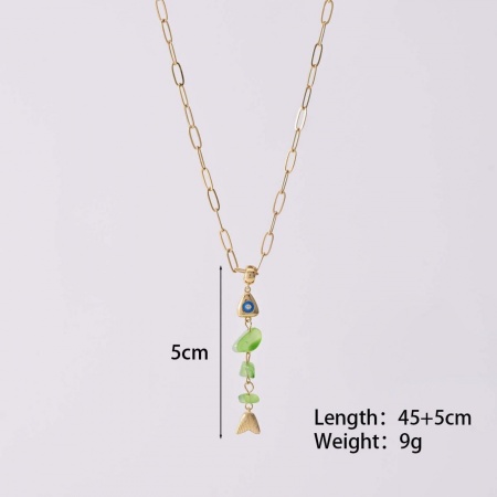 Picture of Wholesale Fish Bone Light Green Natural Aventurine Pendant Charm Necklace, 18K Gold Plated Brass Paperclip Link Chain, Women's Boho Chic Bohemia Stylish Gift Jewelry For Retailer, 45cm(17.7") + 5cm(2") long, 1 Piece