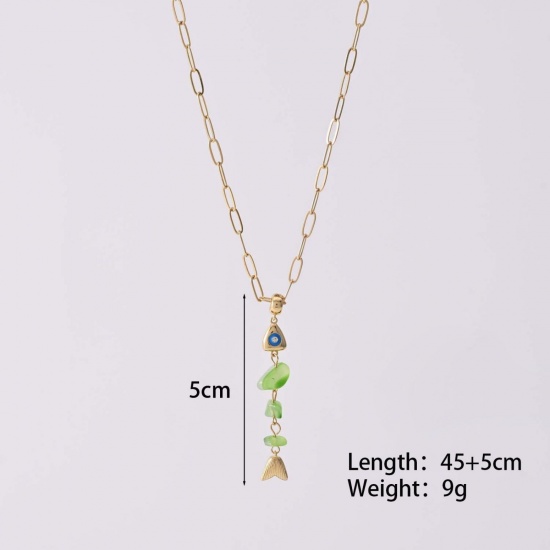 Picture of Wholesale Fish Bone Light Green Natural Aventurine Pendant Charm Necklace, 18K Gold Plated Brass Paperclip Link Chain, Women's Boho Chic Bohemia Stylish Gift Jewelry For Retailer, 45cm(17.7") + 5cm(2") long, 1 Piece