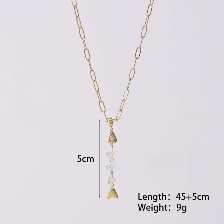 Picture of Wholesale Fish Bone White Natural Crystal Pendant Charm Necklace, 18K Gold Plated Brass Paperclip Link Chain, Women's Boho Chic Bohemia Stylish Gift Jewelry For Retailer, 45cm(17.7") + 5cm(2") long, 1 Piece