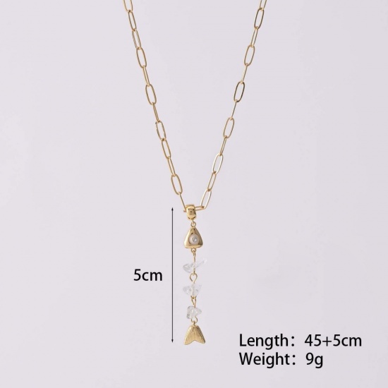 Picture of Wholesale Fish Bone White Natural Crystal Pendant Charm Necklace, 18K Gold Plated Brass Paperclip Link Chain, Women's Boho Chic Bohemia Stylish Gift Jewelry For Retailer, 45cm(17.7") + 5cm(2") long, 1 Piece