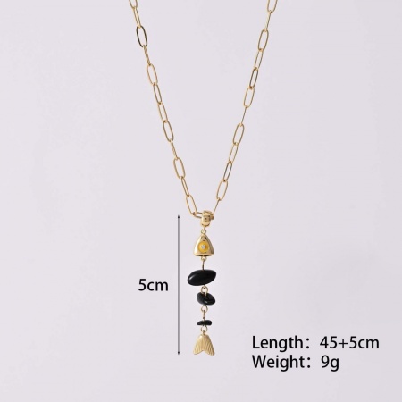 Picture of Wholesale Fish Bone Black Natural Agate Pendant Charm Necklace, 18K Gold Plated Brass Paperclip Link Chain, Women's Boho Chic Bohemia Stylish Gift Jewelry For Retailer, 45cm(17.7") + 5cm(2") long, 1 Piece