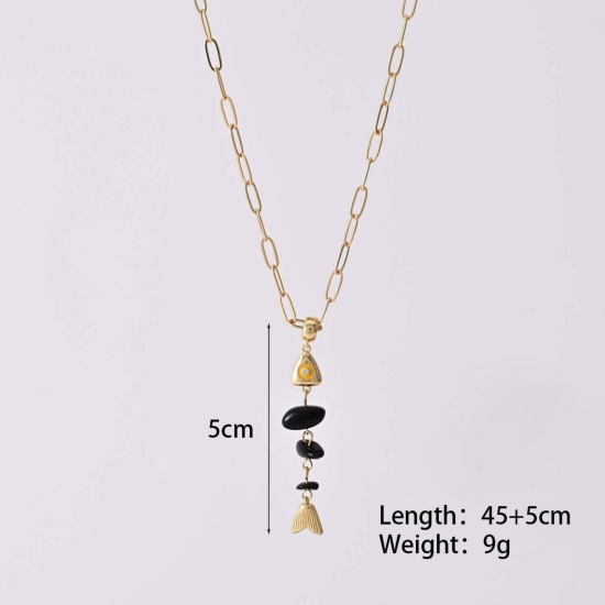 Picture of Wholesale Fish Bone Black Natural Agate Pendant Charm Necklace, 18K Gold Plated Brass Paperclip Link Chain, Women's Boho Chic Bohemia Stylish Gift Jewelry For Retailer, 45cm(17.7") + 5cm(2") long, 1 Piece