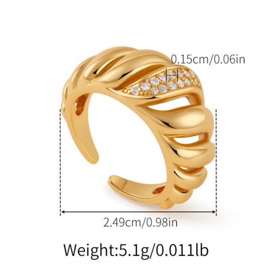 Picture of Wholesale Women's Gift Stripe Clear Cubic Zirconia Open Adjustable Rings, 18K Gold Plated Brass, Stylish Ins Style Jewelry Supply, 17.3mm(US Size 7), 1 Piece