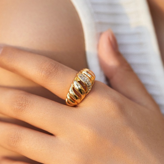 Picture of Wholesale Women's Gift Stripe Clear Cubic Zirconia Open Adjustable Rings, 18K Gold Plated Brass, Stylish Ins Style Jewelry Supply, 17.3mm(US Size 7), 1 Piece
