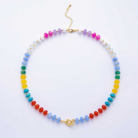Picture of Wholesale Multicolor Beaded Necklace, 18K Gold Plated Brass & Resin Beach Ins Style Gift Jewelry For Retailer, 40cm(15.7") + 5cm(2") long, 1 Piece