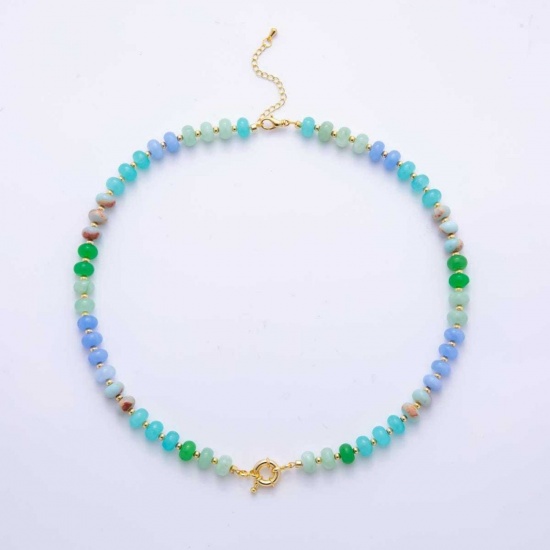 Picture of Wholesale Green Blue Beaded Necklace, 18K Gold Plated Brass & Resin Beach Ins Style Gift Jewelry For Retailer, 40cm(15.7") + 5cm(2") long, 1 Piece