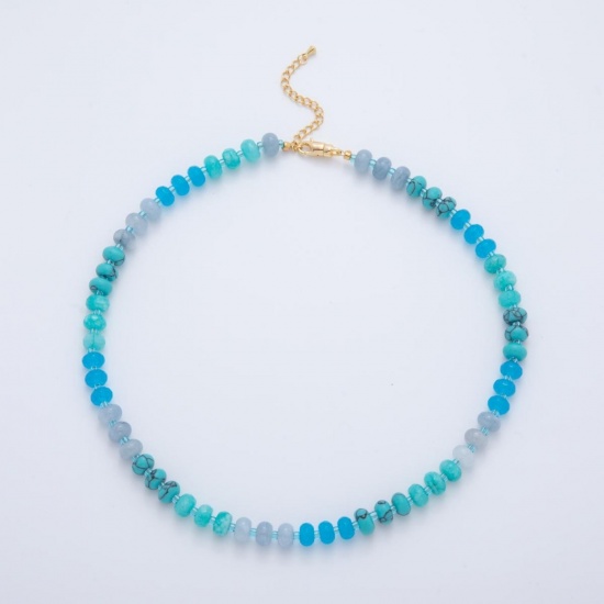 Picture of Wholesale Blue Beaded Necklace, 18K Gold Plated Brass & Resin Beach Ins Style Gift Jewelry For Retailer, 40cm(15.7") + 5cm(2") long, 1 Piece