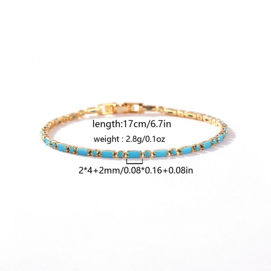 Picture of Wholesale Blue Cubic Zirconia Brass Cup Chain Tennis Bracelet, 18K Gold Plated Women's Ins Style Stylish Gift Jewelry Supply, 17cm(6.7") long, Chain Size: 2mm, 1 Piece