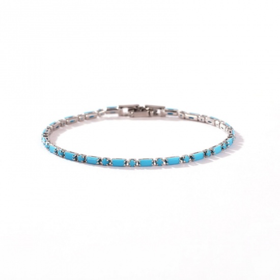 Picture of Wholesale Blue Cubic Zirconia Brass Cup Chain Tennis Bracelet, Platinum Plated Women's Ins Style Stylish Gift Jewelry Supply, 17cm(6.7") long, Chain Size: 2mm, 1 Piece