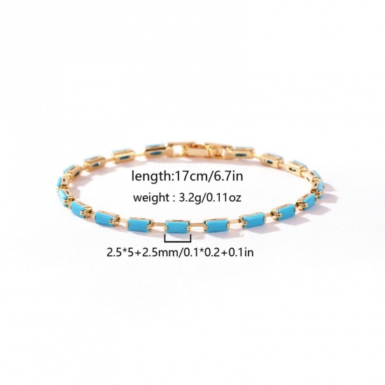 Picture of Wholesale Blue Cubic Zirconia Brass Cup Chain Tennis Bracelet, 18K Gold Plated Women's Ins Style Stylish Gift Jewelry Supply, 17cm(6.7") long, Chain Size: 2.5mm, 1 Piece